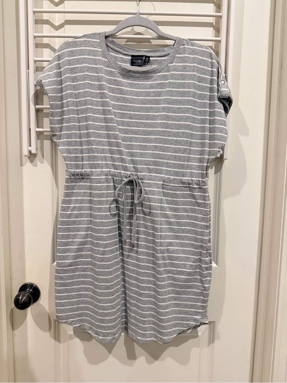 Rafaella Gray and White Striped Tie-Waist Mini Dress